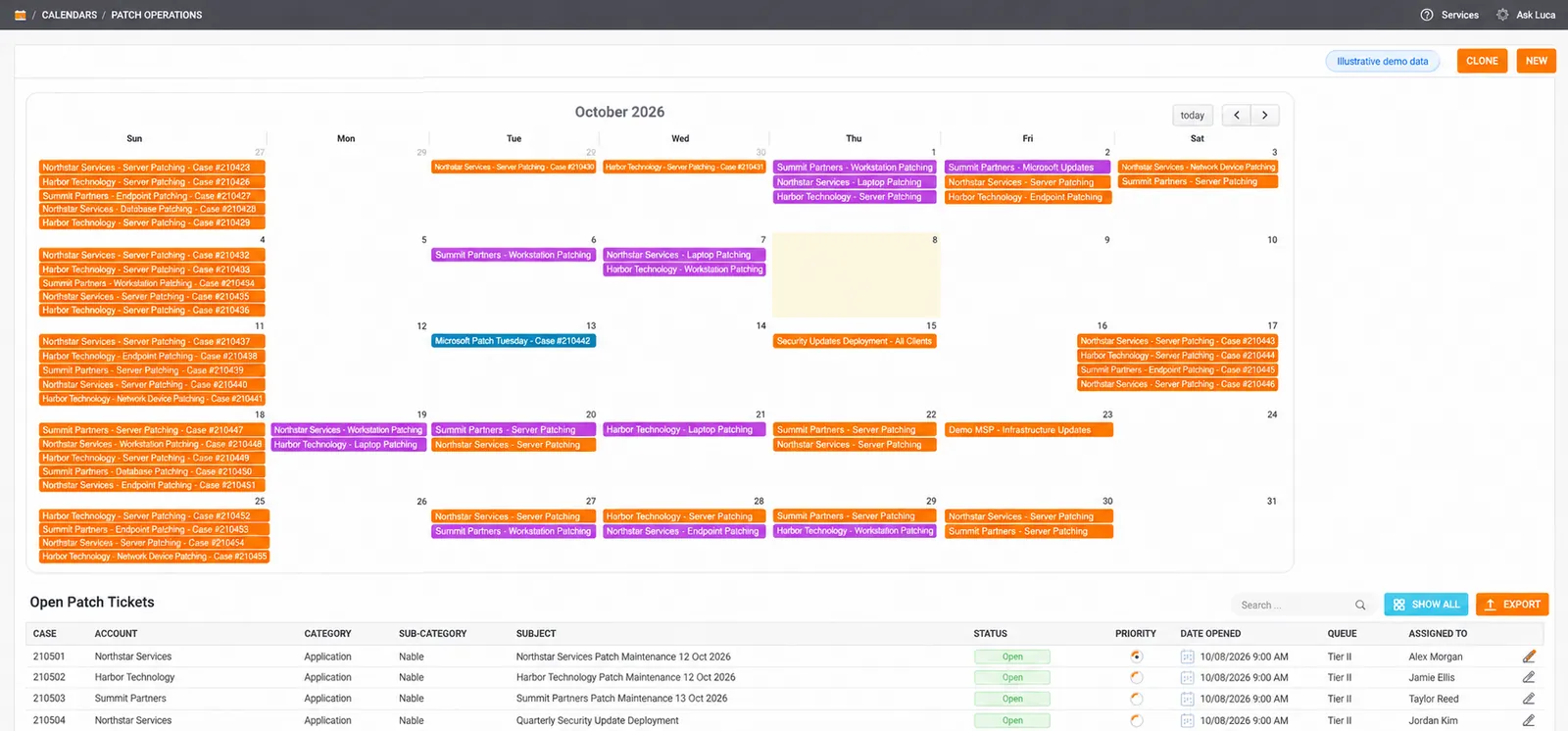 Cinch Patch operations calendar, with fictional demo data