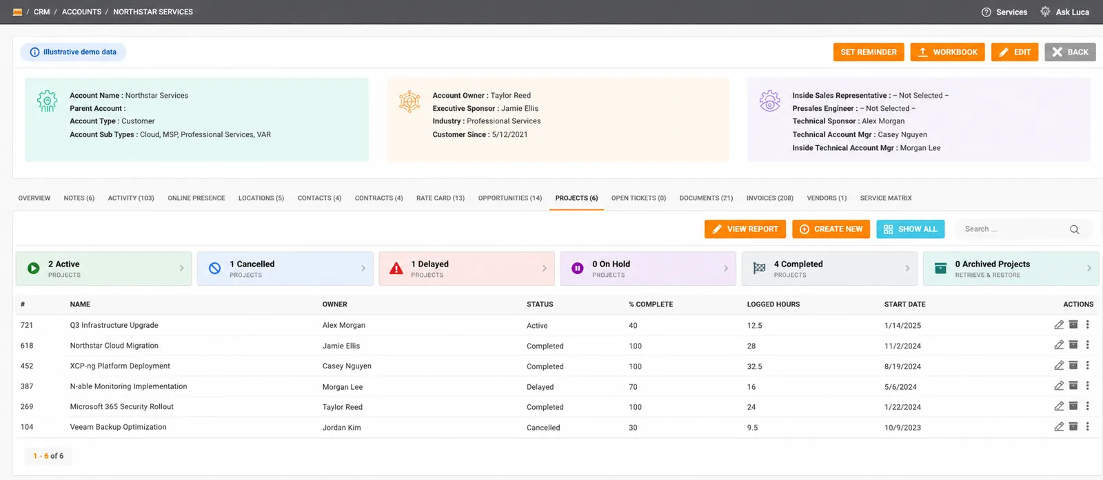 Cinch customer project list with fictional demonstration data